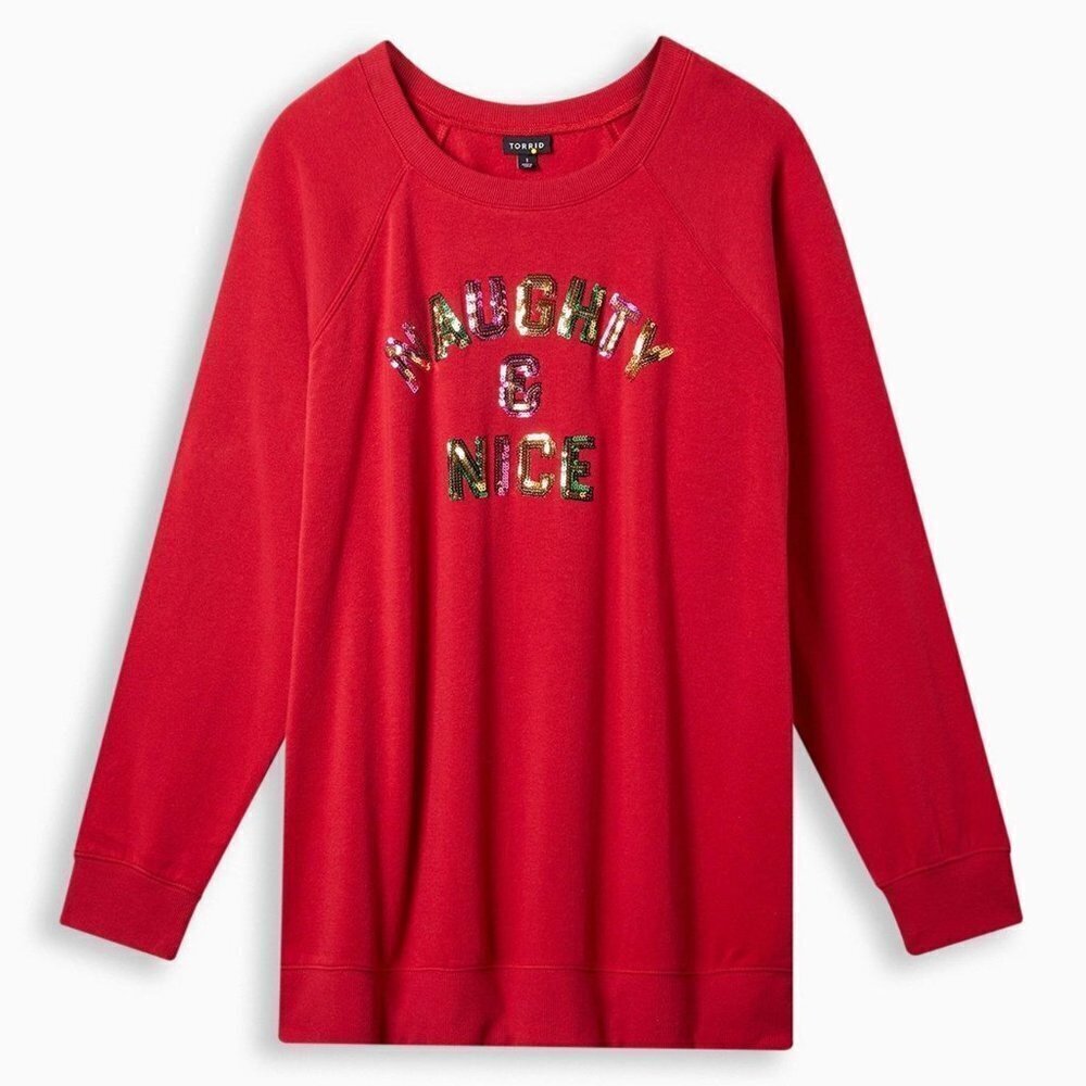 Torrid - Naughty & Nice Classic Fit Cozy Fleece Crew Sequin Sweater, Jester Red 